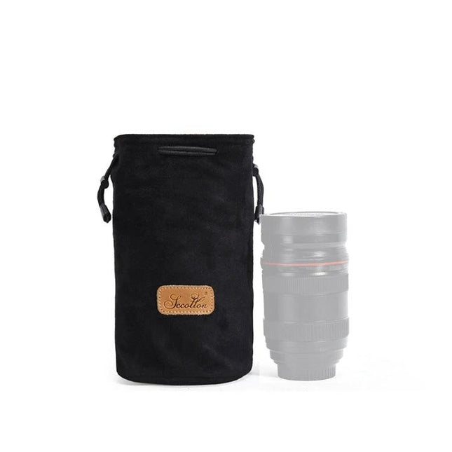 S.C.COTTON Protective Camera Bag for SLR Lenses and Travel - black drawstring lens pouch protecting SLR lens during travel