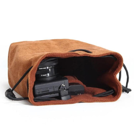 S.C.COTTON Protective Camera Bag for SLR Lenses and Travel - brown suede drawstring pouch holding SLR camera and lens