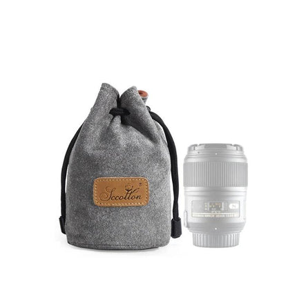 S.C.COTTON Protective Camera Bag for SLR Lenses and Travel gray drawstring pouch beside camera lens, padded travel protection