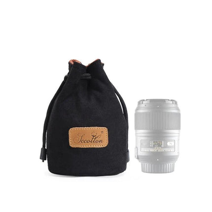 S.C.COTTON Protective Camera Bag for SLR Lenses and Travel - black drawstring lens pouch protecting SLR lens for travel and storage