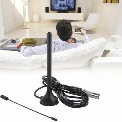 Indoor TV and Radio Antenna for Enhanced Car and Home Reception - slim magnetic indoor antenna with coax cable shown in living room setup
