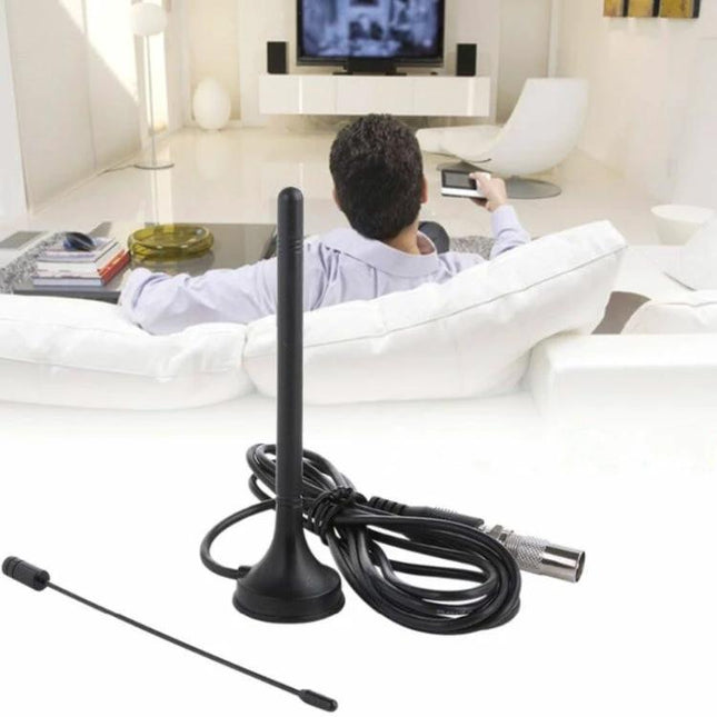 Indoor TV and Radio Antenna for Enhanced Car and Home Reception - slim magnetic indoor antenna with coax cable shown in living room setup