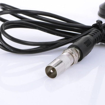 Indoor TV and Radio Antenna for Enhanced Car and Home Reception - close-up BNC connector and cable for VHF/UHF reception improvement