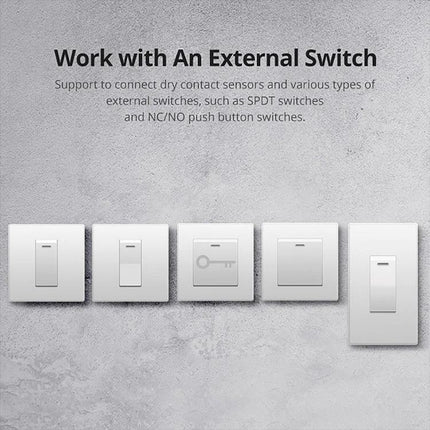 Sonoff Dual-Control WiFi Smart Switch for Home Automation Control - image showing compatibility with external switches and wall switch examples
