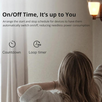 Sonoff Dual-Control WiFi Smart Switch for Home Automation Control showing scheduled on/off timers and app countdown loop timer with a person in bedroom