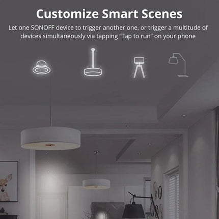Sonoff Dual-Control WiFi Smart Switch for Home Automation Control showing customized smart scenes controlling multiple lights in a living room via app