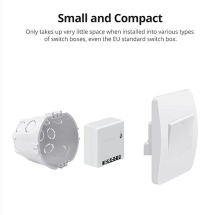 Sonoff Dual-Control WiFi Smart Switch for Home Automation Control compact module and wall switch showing small installation size