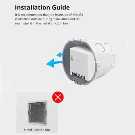 Sonoff Dual-Control WiFi Smart Switch for Home Automation Control installed in round junction box frontside facing outward, not inside metal junction box