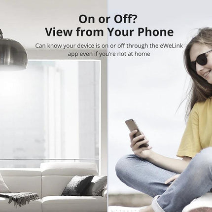 Sonoff Dual-Control WiFi Smart Switch for Home Automation Control showing user checking device status via eWeLink app on phone in living room