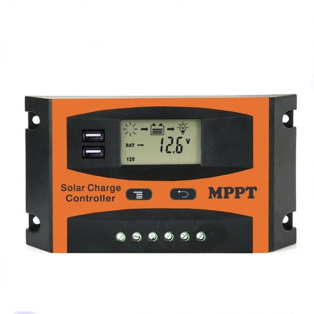 Solar Charge Controller with Automatic Voltage Detection and USB Output - orange MPPT unit showing 12.6V display and dual USB ports