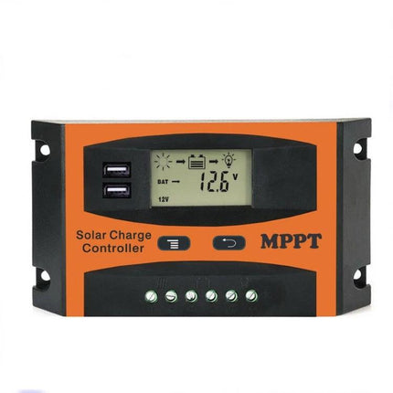 Solar Charge Controller with Automatic Voltage Detection and USB Output compact MPPT unit showing LCD and dual USB ports