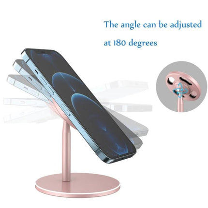 MagSafe Magnetic Wireless Charging Stand with Adjustable Angle in rose gold showing 180° angle adjustment holding iPhone securely