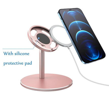 MagSafe Magnetic Wireless Charging Stand with Adjustable Angle aluminum alloy desk stand in rose gold holding iPhone with MagSafe charger