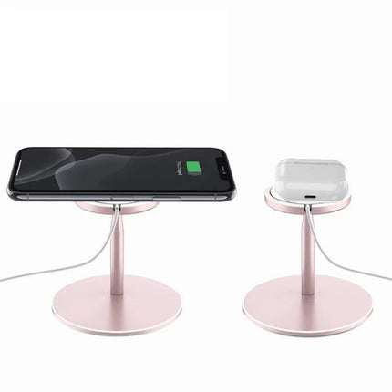 MagSafe Magnetic Wireless Charging Stand with Adjustable Angle in rose gold holding iPhone and earbuds, adjustable aluminum alloy desk stand