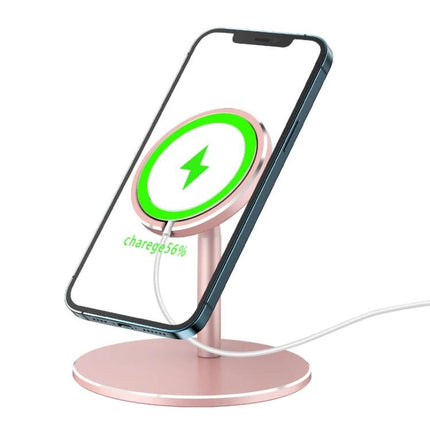 MagSafe Magnetic Wireless Charging Stand with Adjustable Angle rose gold aluminum stand holding iPhone for hands-free charging and video calls