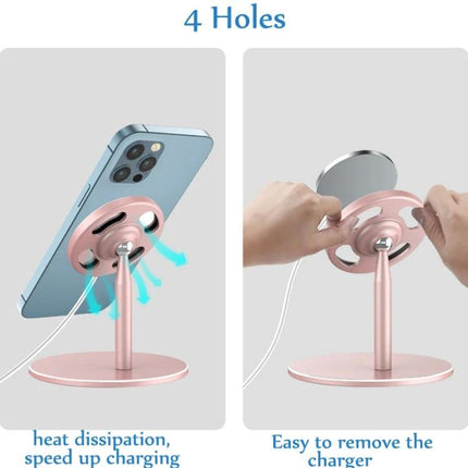MagSafe Magnetic Wireless Charging Stand with Adjustable Angle shown in rose gold aluminum holding a phone, 4-hole heat-dissipating MagSafe charger mount