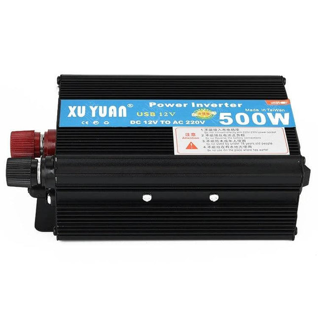 XUYAN 500W DC to AC Power Inverter for Vehicle Use compact black unit with USB and 12V input, protects devices while powering laptops on the go