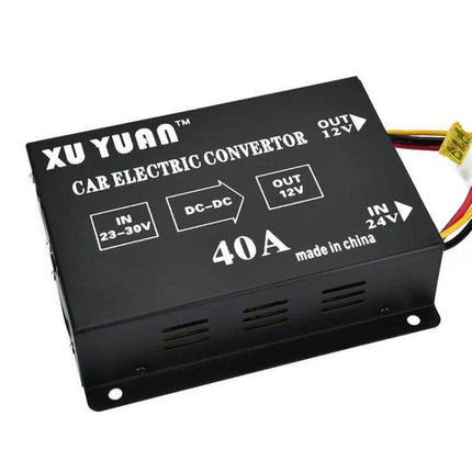 XUYAN 24V to 12V Step-Down Converter for Automotive Devices compact 40A DC-DC car electric converter powering 12V fridges speakers cameras