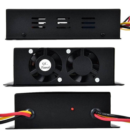 XUYAN 24V to 12V Step-Down Converter for Automotive Devices black metal housing with dual cooling fans and wiring harness, QC passed