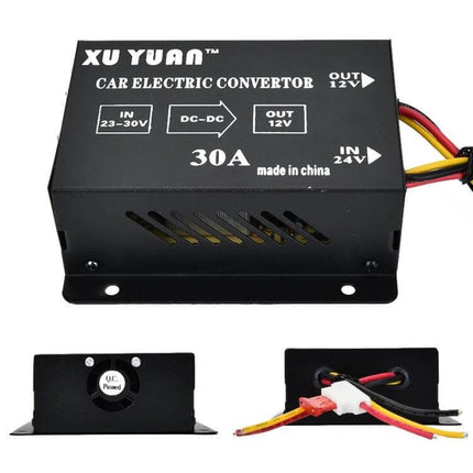 XUYUAN 24V to 12V Step-Down Converter for Automotive Devices black 30A aluminum alloy DC-DC converter for car refrigerators, cameras, speakers