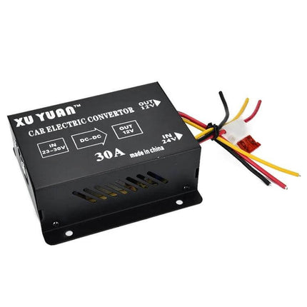 XUYUAN 24V to 12V Step-Down Converter for Automotive Devices black aluminum alloy car power converter with wires, 30A DC-DC voltage reducer