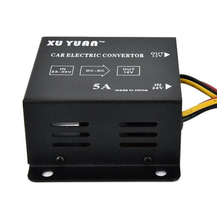 XUYAN 24V to 12V DC Converter for Car Appliances compact black 5A DC-DC step down unit for powering 12V fridges and devices in trucks