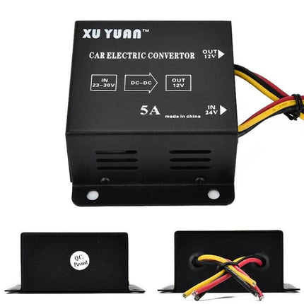 XUYAN 24V to 12V DC Converter for Car Appliances - black 5A DC-DC step-down unit with red yellow black wires for trucks buses