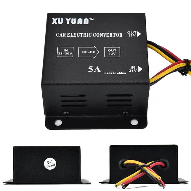 XUYAN 24V to 12V DC Converter for Car Appliances - black 5A DC-DC step-down unit with red yellow black wires for trucks buses