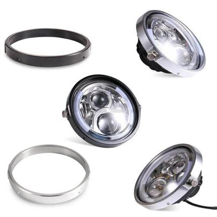 7 Inch Motorcycle Headlight Ring Bracket Black Easy Install showing black and silver headlight rings and 7-inch LED motorcycle headlights