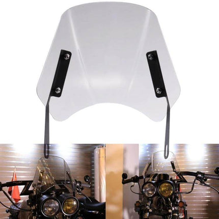 5-7 Inch Retro Motorcycle Windshield Black - Universal Fit mounted on classic cruiser showing compact black bracket and clear PC screen for city commuting