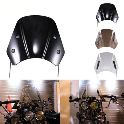 5-7 Inch Retro Motorcycle Windshield Black - Universal Fit on classic cruiser showing compact black PC windscreen mounted on motorcycle