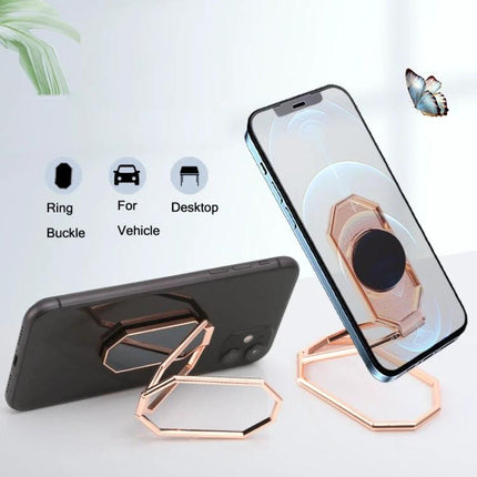 Magnetic Zinc Alloy Phone Ring Holder for Cars and Daily Use showing rose gold ring used as car mount and desktop stand