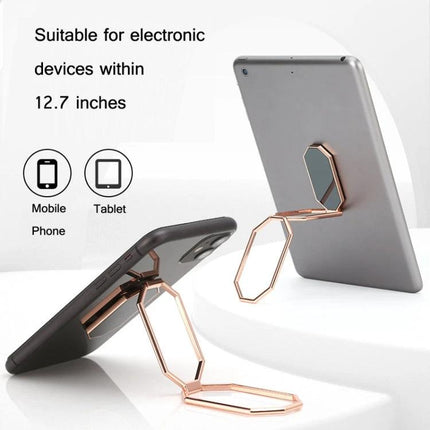 Magnetic Zinc Alloy Phone Ring Holder for Cars and Daily Use shown in rose gold mounted on phone and tablet as stand for hands-free viewing