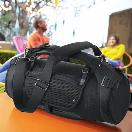 JBL Boombox Padded Carry Bag For Everyday Outings And Travel shown in black with straps, side pocket and reinforced twill protection