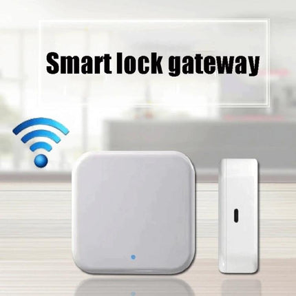 Wireless App-Controlled Smart Gateway for Home Security compact white smart lock gateway device with Wi‑Fi icon for remote door control