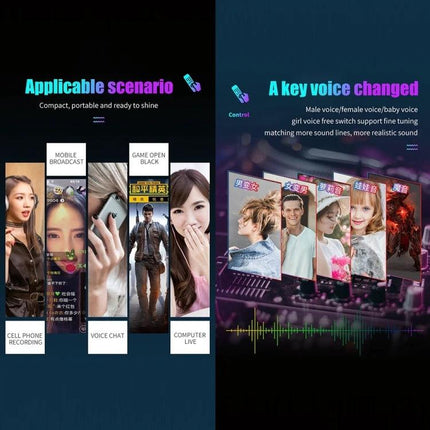Fun Voice Changer for Daily Calls and Entertainment Use device showing mobile, gaming, and video call scenarios with multiple voice effects