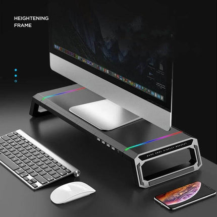 ICE COOREL T1 Foldable Laptop Stand for Ergonomic Viewing elevated ABS monitor riser with USB ports and RGB accents in modern home office