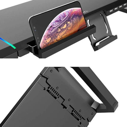 ICE COOREL T1 Foldable Laptop Stand for Ergonomic Viewing showing black ABS folding stand with phone docked and adjustable hinge