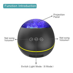 HMT-01 - Luz LED de proyección oceánica con piedra de la suerte y control remoto, luz nocturna colorida, altavoz Bluetooth multifuncional con USB