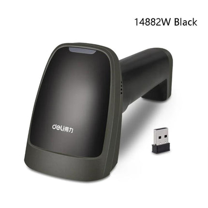 Deli Wired and Wireless Barcode Scanner for Retail Use black handheld scanner with USB dongle for POS and inventory