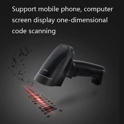 Deli Wired and Wireless Barcode Scanner for Retail Use shown scanning a barcode with wired and wireless modes, ideal for checkout and inventory management