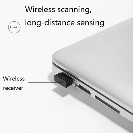 Deli Wired and Wireless Barcode Scanner for Retail Use showing wireless receiver plugged into laptop for long-distance scanning