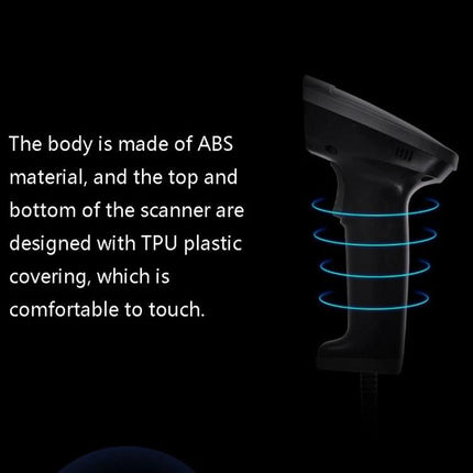 Deli Wired and Wireless Barcode Scanner for Retail Use showing ABS body with TPU plastic covering for comfortable grip, wired and wireless retail scanner