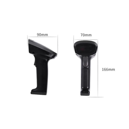 Deli Wired and Wireless Barcode Scanner for Retail Use showing front and side views with dimensions 90mm x 70mm x 166mm