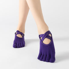 Thick Cotton Terry Five-Finger Non-Slip Yoga and Dance Socks with Cross Straps