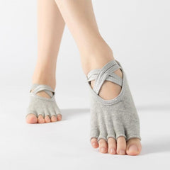 Thick Cotton Terry Five-Finger Non-Slip Yoga and Dance Socks with Cross Straps