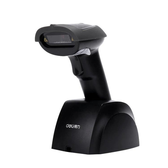 Deli Barcode Scanner for One-Dimensional Codes in Retail Use, handheld ABS body with TPU grip on charging stand