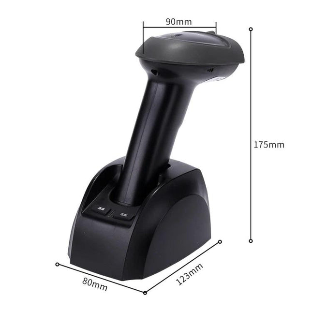 Deli Barcode Scanner for One-Dimensional Codes in Retail Use handheld scanner with charging cradle and dimensions 175mm x 90mm x 123mm