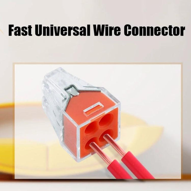 Pack of 10 Fast Wire Connector Terminals for Electrical Wiring, clear universal 3-port connector joining two red wires for quick tool-free electrical connections