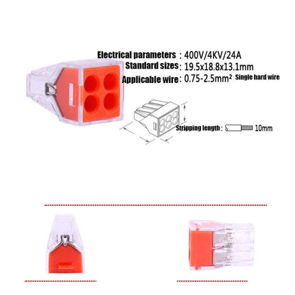 Pack of 10 Fast Wire Connector Terminals for Electrical Wiring compact transparent orange 4-port connector for 0.75-2.5mm² wires